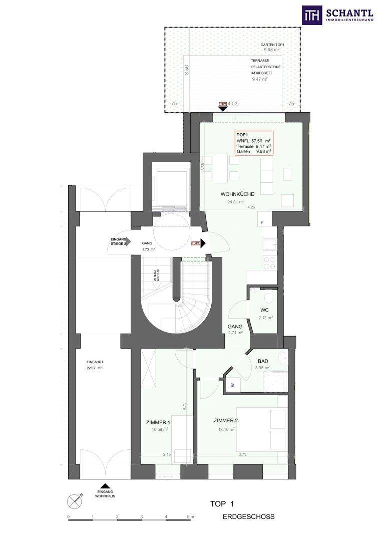 Detaillierter Grundriss einer Erdgeschosswohnung mit offener Wohnküche, zwei Zimmern, Bad, Gäste-WC, Terrasse und Garten.
