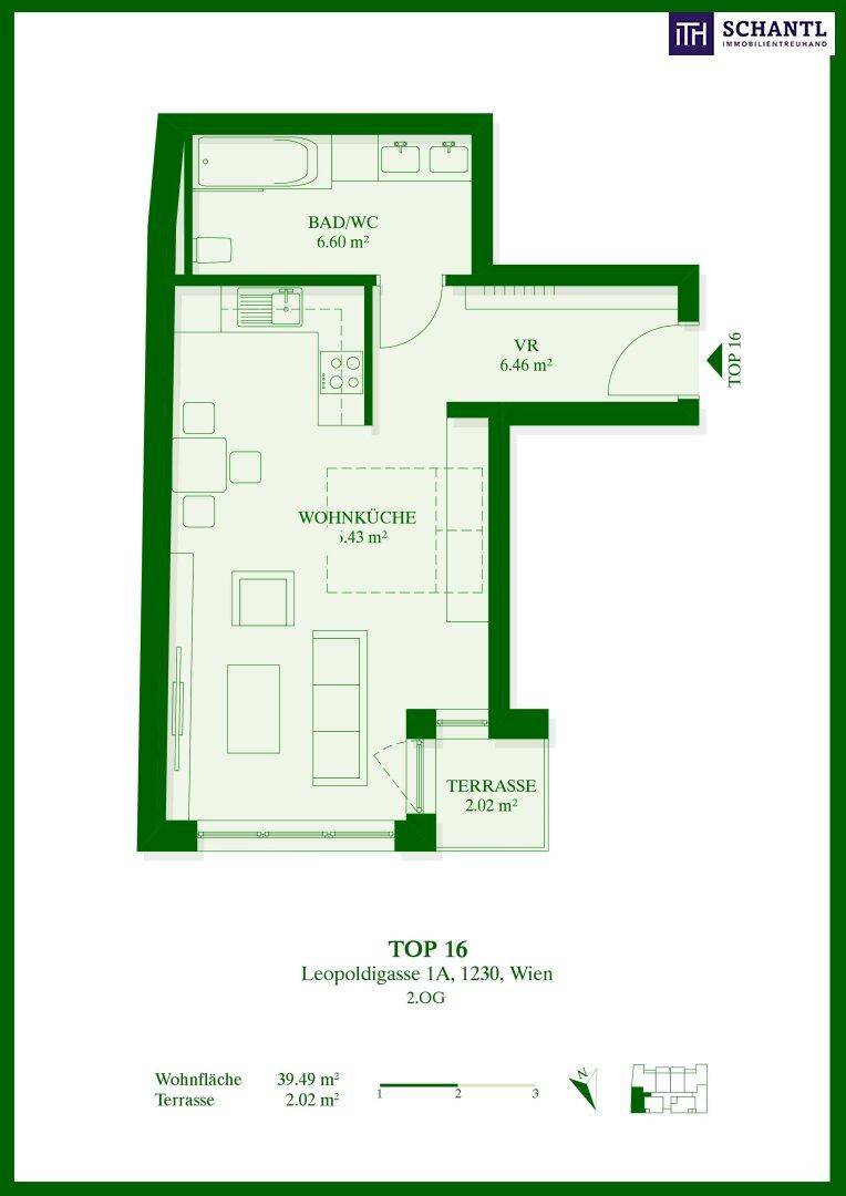 Grundriss der Wohnung TOP 16 mit Wohnküche, Bad/WC und Terrasse.