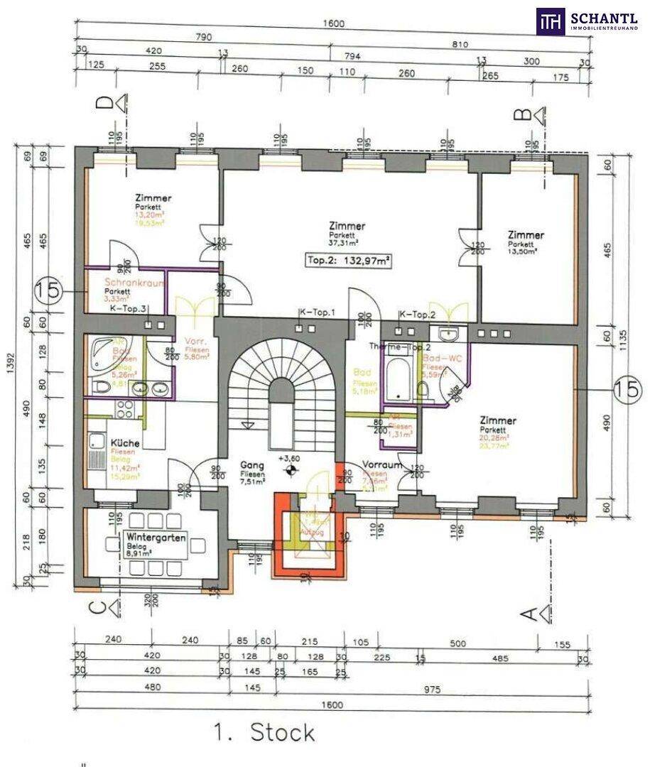 Grundriss des ersten Stocks mit drei Schlafzimmern, Wintergarten und zwei Bädern.