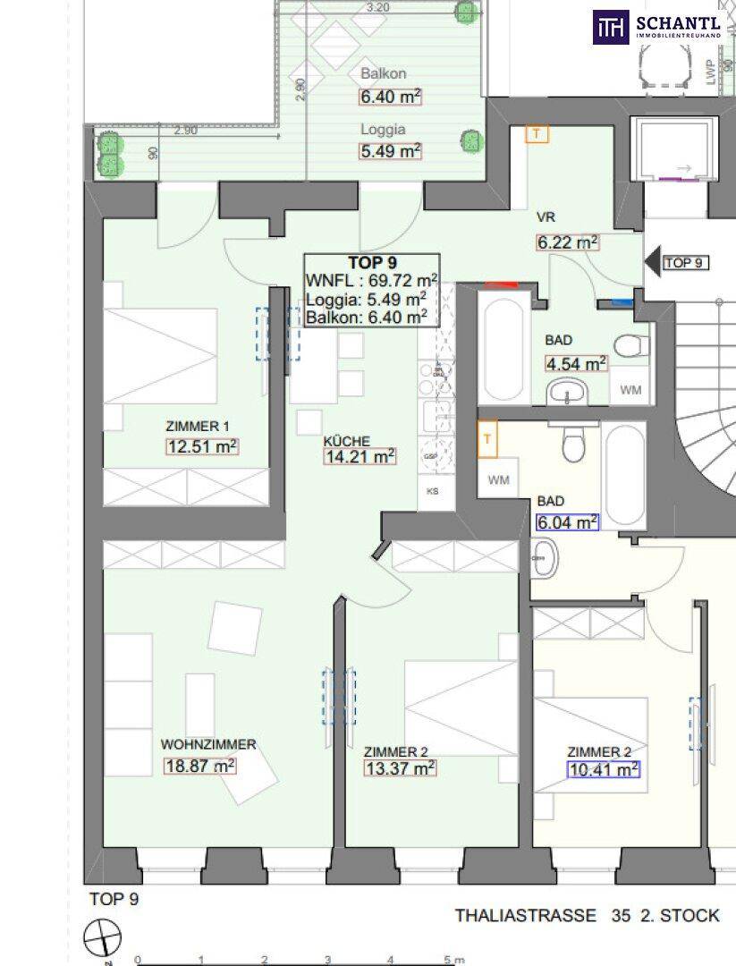 Grundriss der Wohnung TOP 9 mit drei Zimmern, zwei Bädern, Küche, Wohnzimmer, Balkon und Loggia.