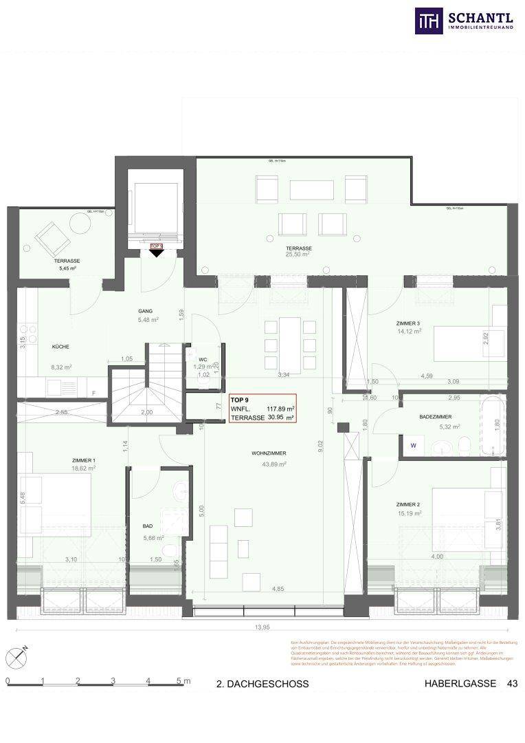 Grundrissplan einer Wohnung mit drei Schlafzimmern, zwei Bädern, separatem WC und zwei Terrassen.