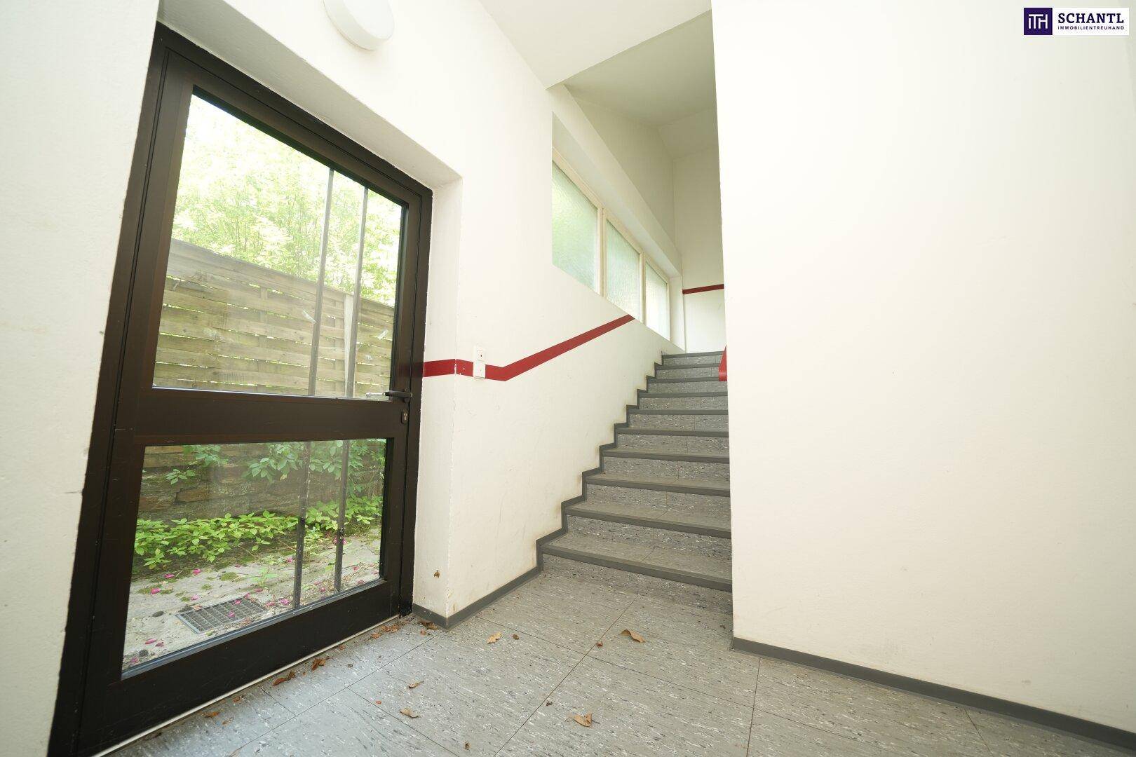 Treppenhaus mit Steinfliesen und einem Fenster zum begrünten Außenbereich, hell und funktional gestaltet.