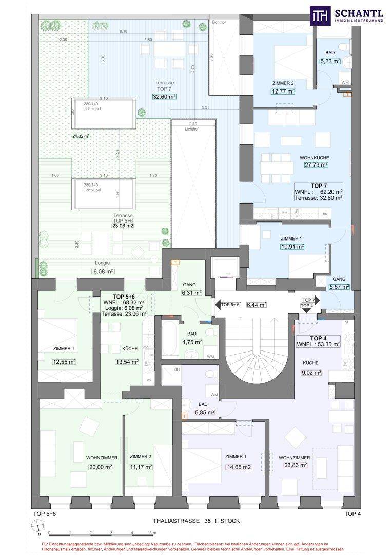 Detaillierter Grundrissplan mit mehreren Wohneinheiten, großzügigen Terrassen, Loggia und Bädern.