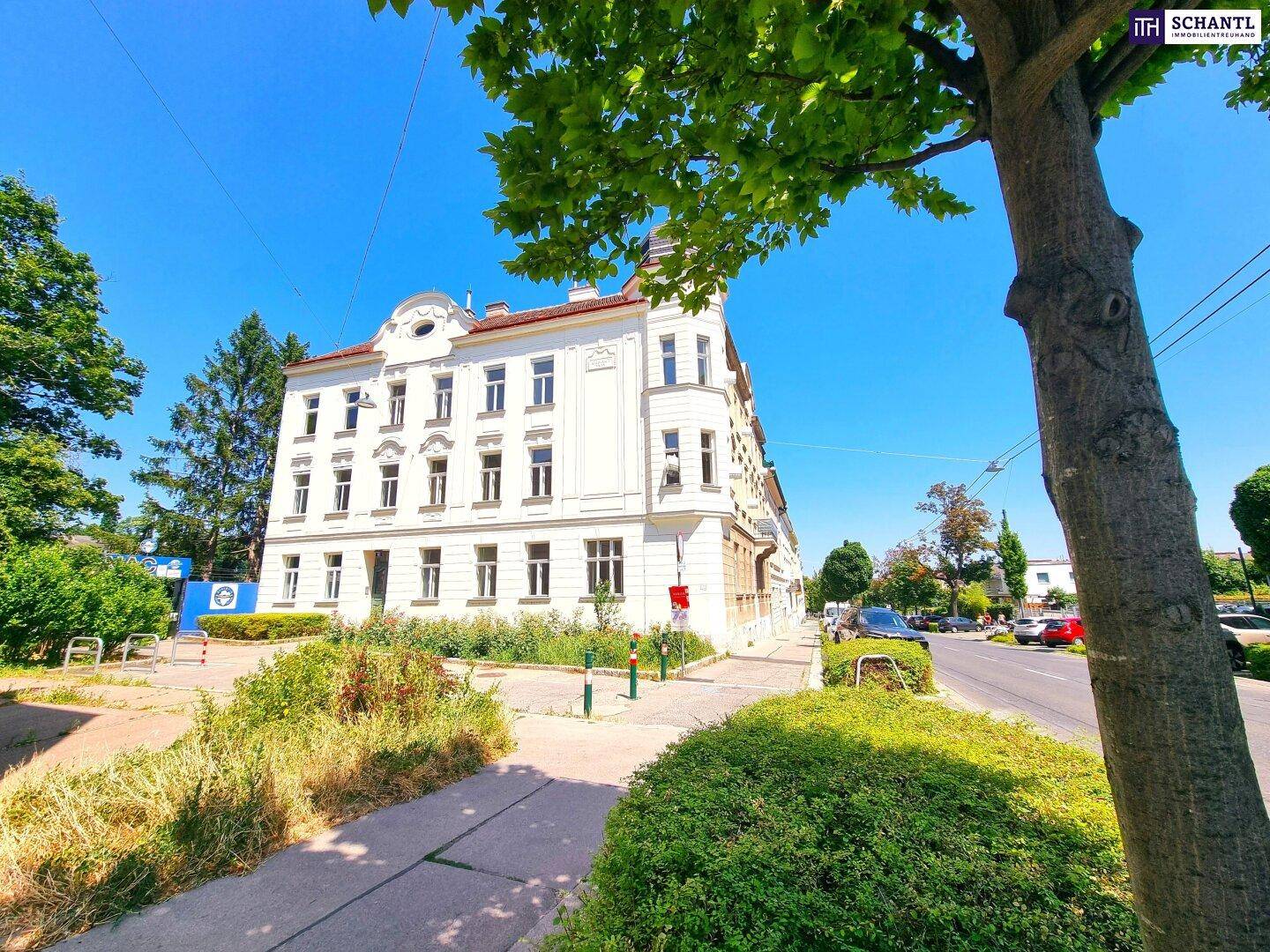 Historisches Gebäude an einer Straße mit Bäumen und gepflegter Grünfläche im Vordergrund.
