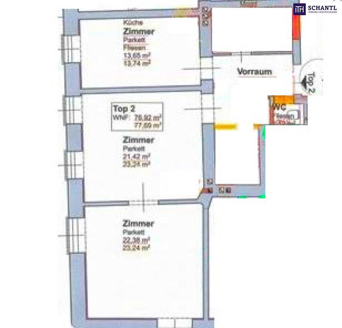 Grundriss der Wohnung mit drei Zimmern, Küche, Vorraum und separatem WC.