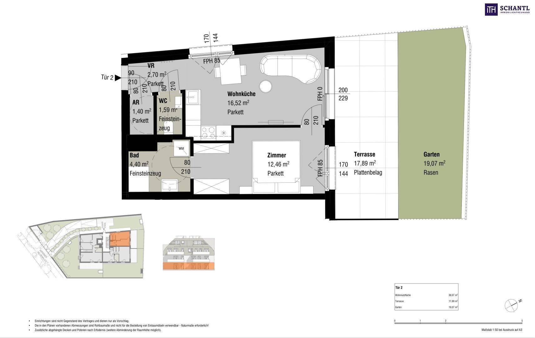Grundriss der Wohnung Tür 2 mit Wohnküche, Schlafzimmer, Terrasse und Garten.