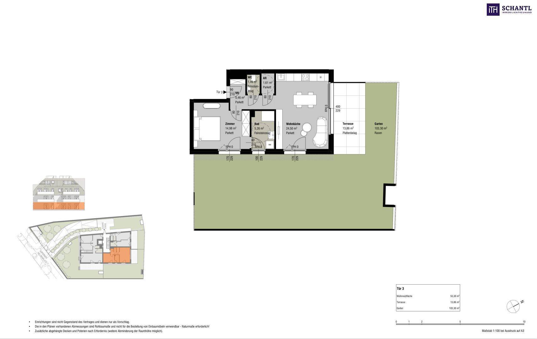 Grundriss der Wohnung Tür 3 mit Wohnküche, Schlafzimmer, Terrasse und Garten.
