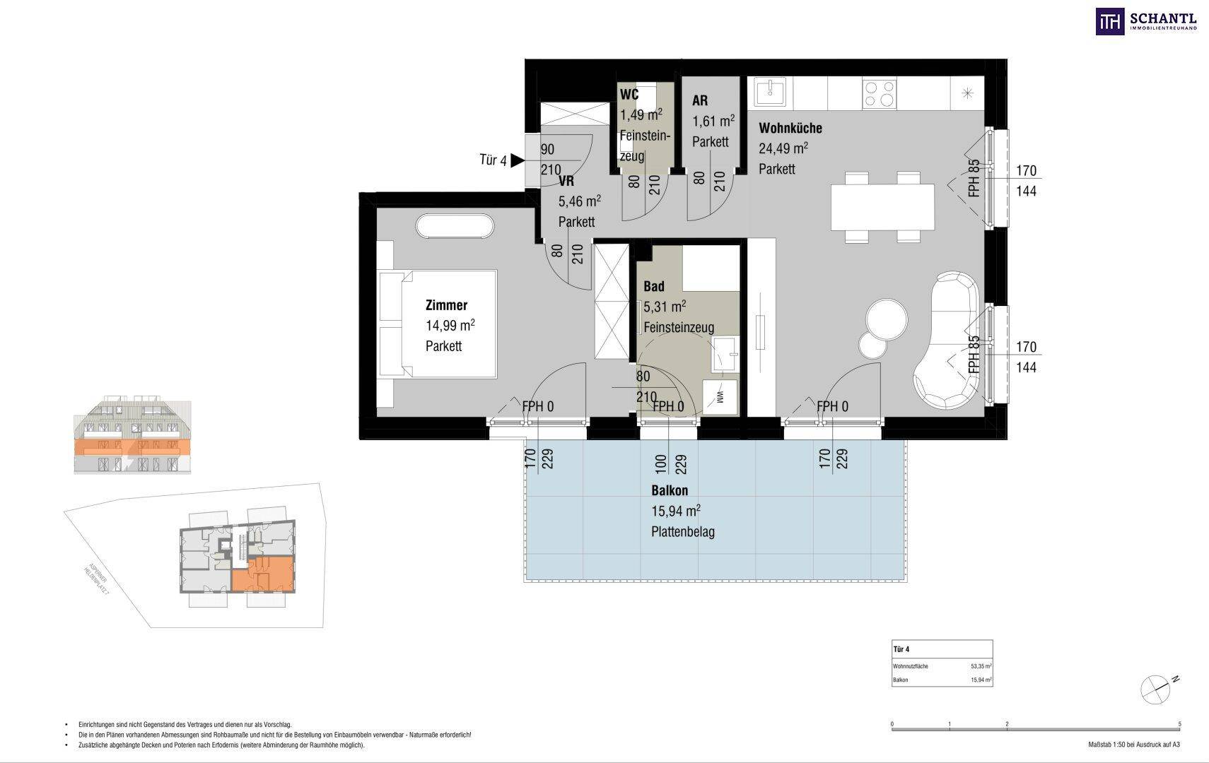 Grundriss der Wohnung Tür 4 mit Wohnküche, Schlafzimmer, Bad und Balkon.