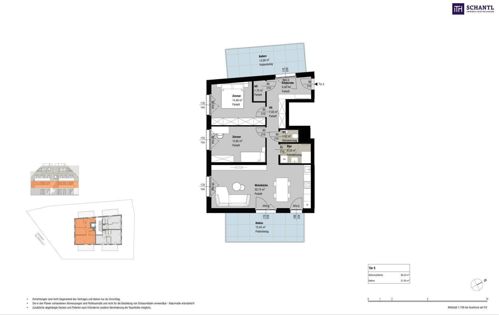 Grundriss der Wohnung Tür 5 mit Wohnküche, zwei Schlafzimmern und zwei Balkonen.
