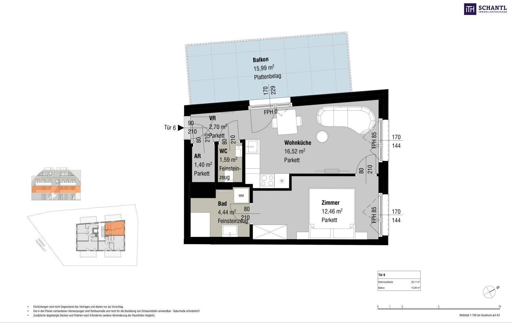 Grundriss der Wohnung Tür 6 mit Wohnküche, Schlafzimmer, Bad und Balkon.