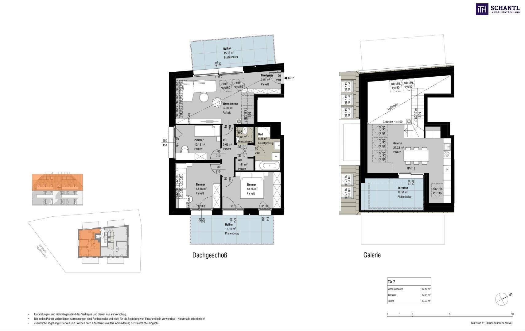 Grundriss der Maisonette-Wohnung Tür 7 im Dachgeschoss mit Galerie, Balkonen und Terrasse.