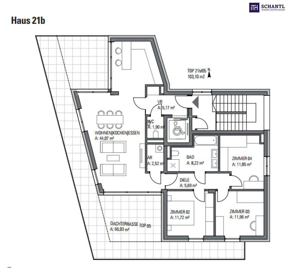 Grundriss einer Wohnung mit offenem Wohn-Koch-Essbereich, Dachterrasse und mehreren Zimmern.