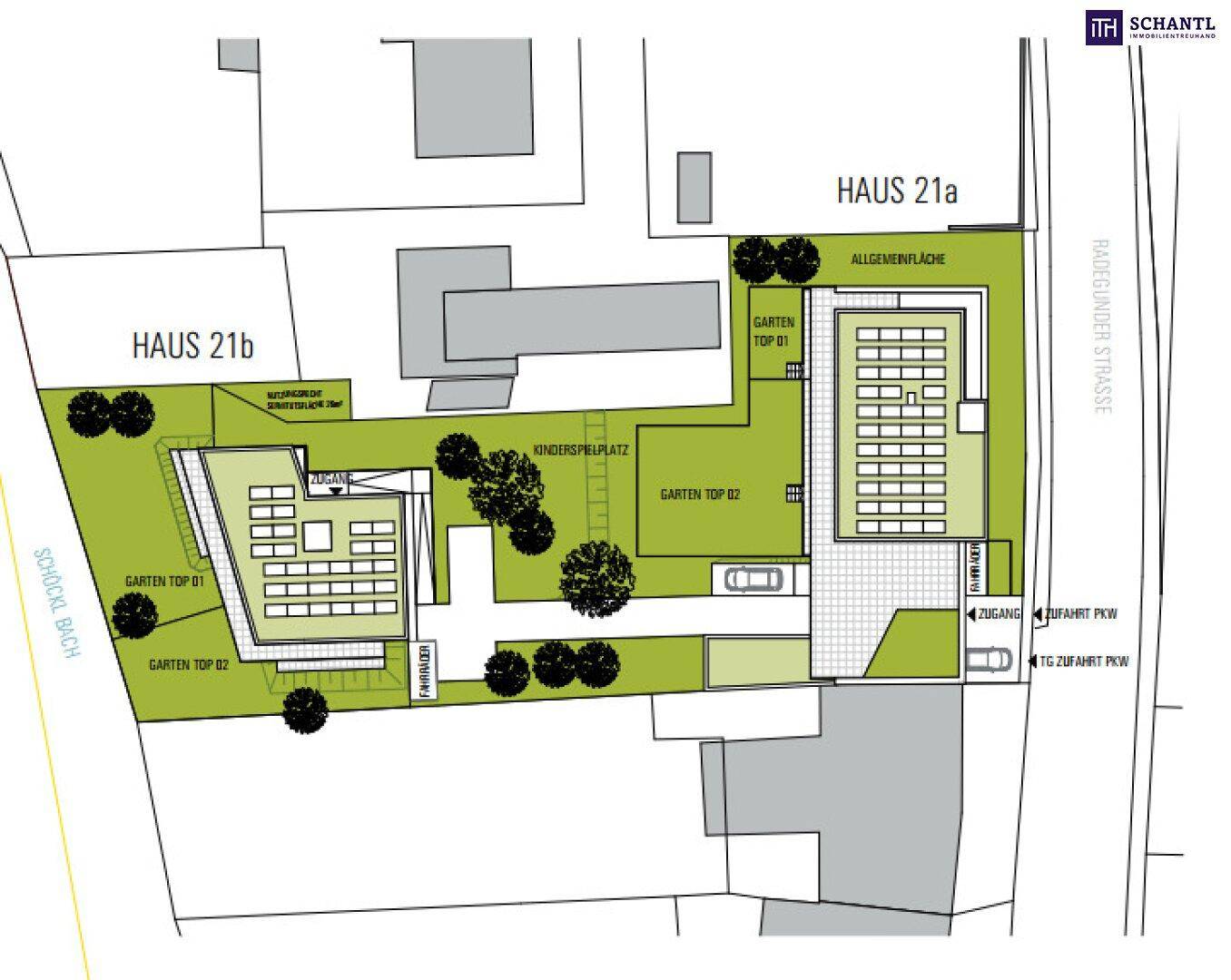 Lageplan der Wohnanlage mit Gärten, Kinderspielplatz und Parkplätzen.