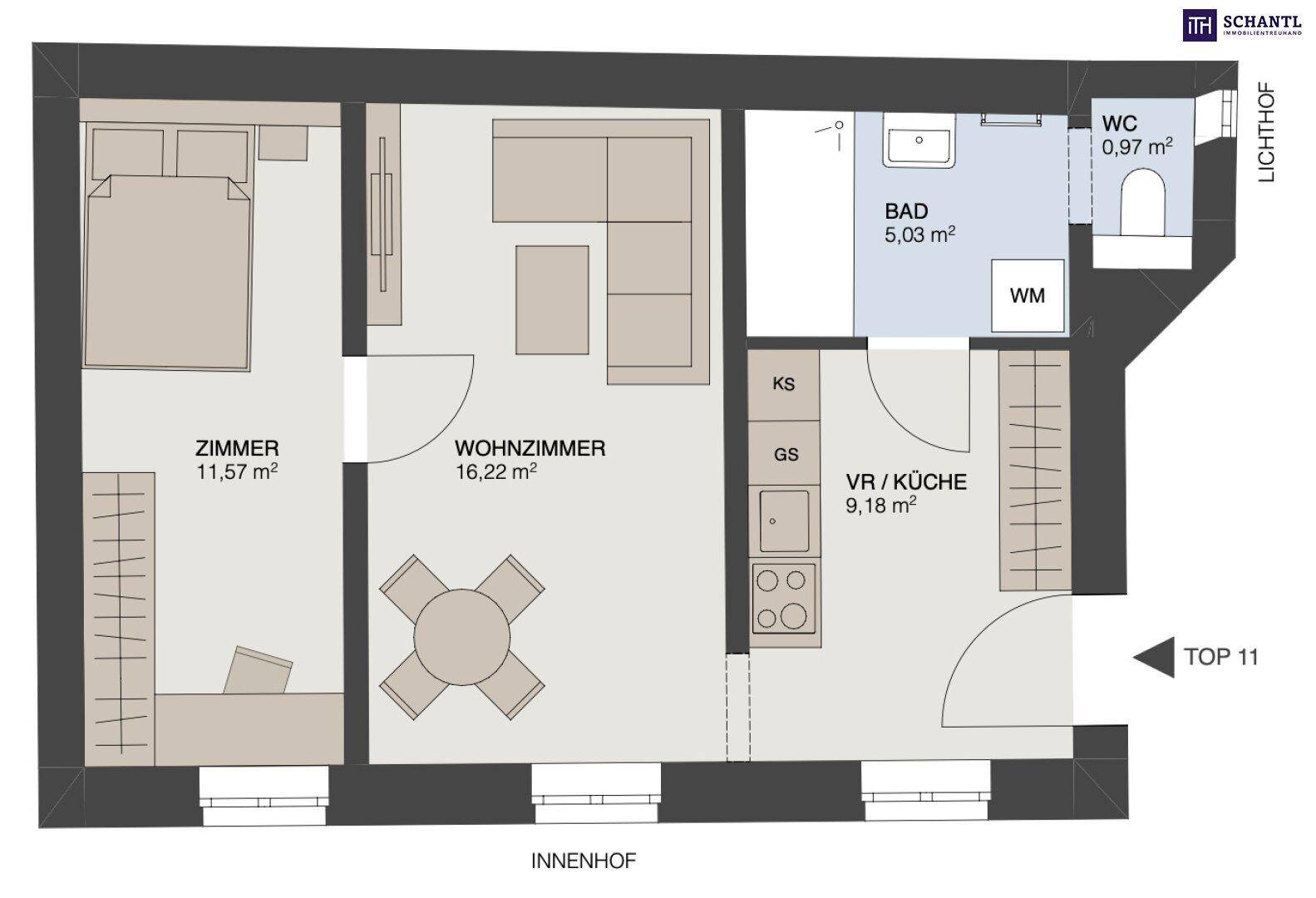 Grundriss einer Wohnung mit Wohnzimmer, Schlafzimmer, Küche, Bad und separatem WC.