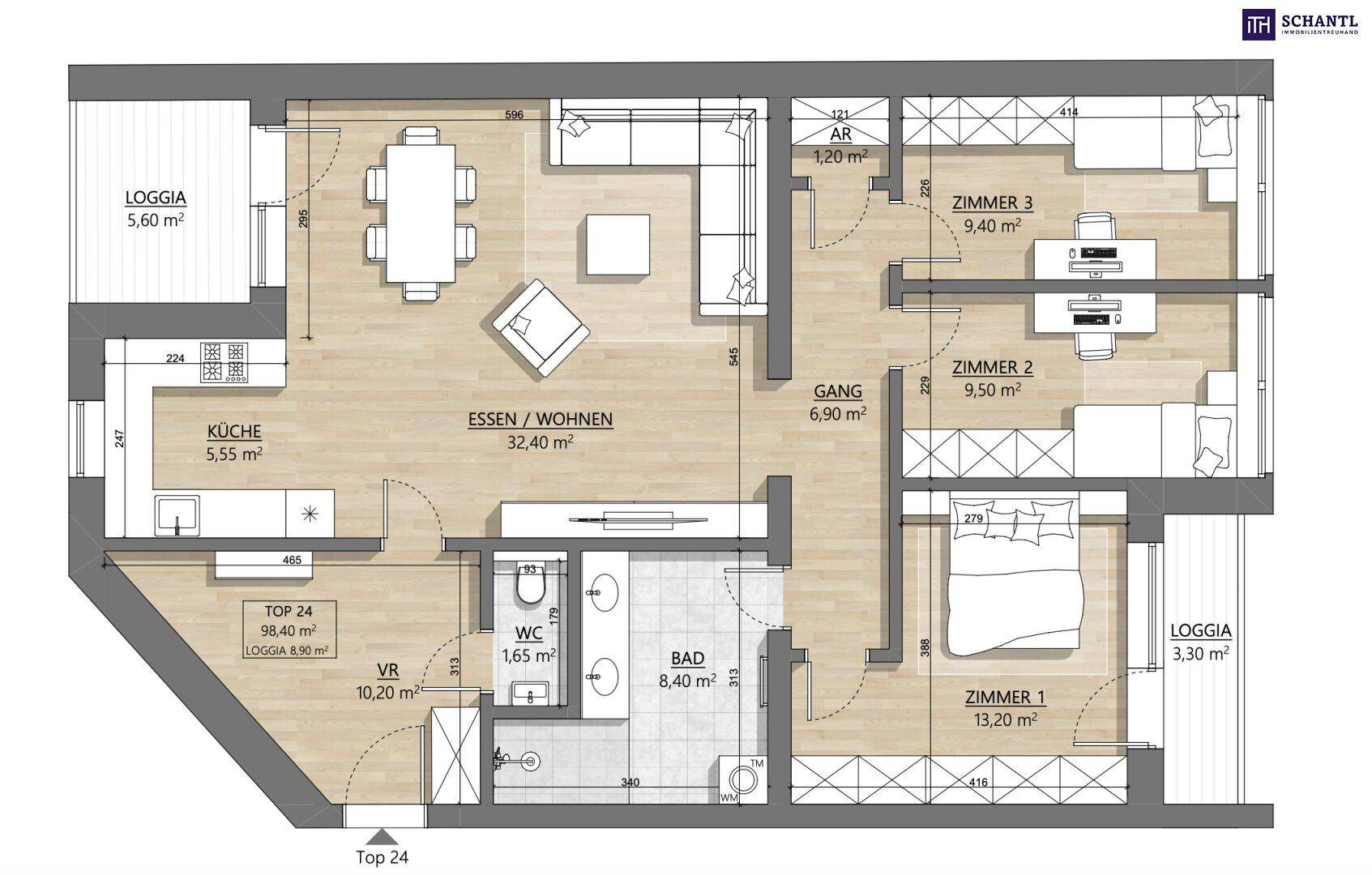 Detaillierter Grundriss einer Wohnung mit drei Zimmern, offener Küche und zwei Loggien.