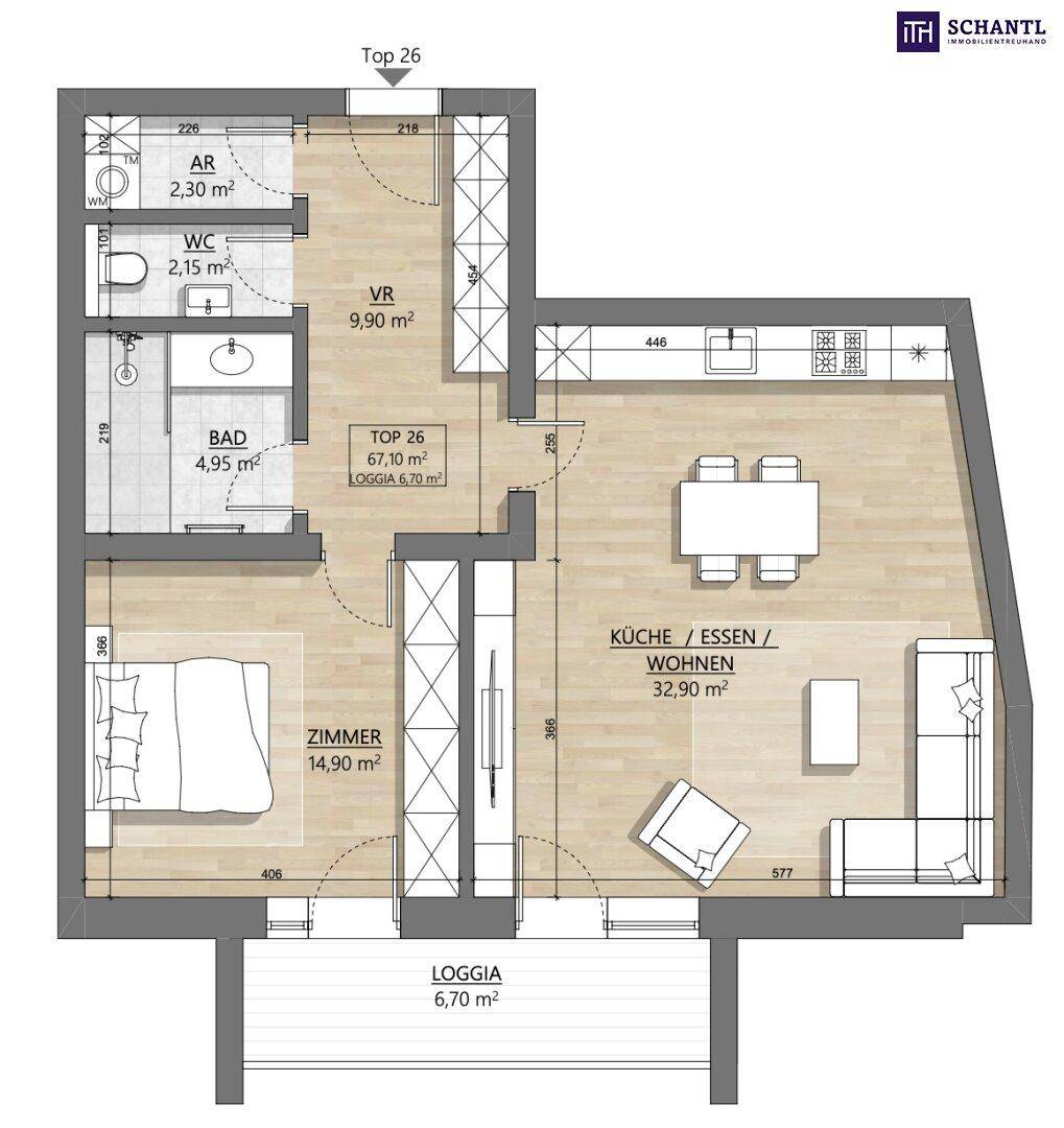 Grundriss einer Wohnung mit offenem Wohnbereich, Schlafzimmer, Bad, WC und Loggia.