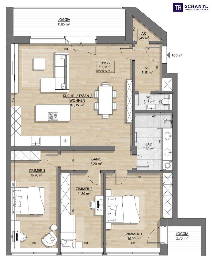 Detaillierter Grundriss einer Wohnung mit drei Zimmern, offener Küche und zwei Loggien.