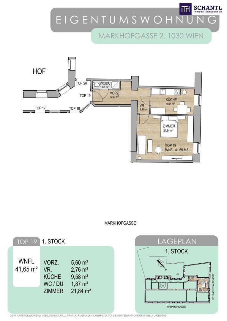Grundriss der Eigentumswohnung Top 19 im ersten Stock mit 41,65 m² Wohnfläche.