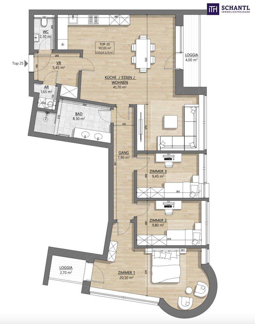 Detaillierter Grundriss einer Wohnung mit drei Zimmern, offener Küche und zwei Loggien.