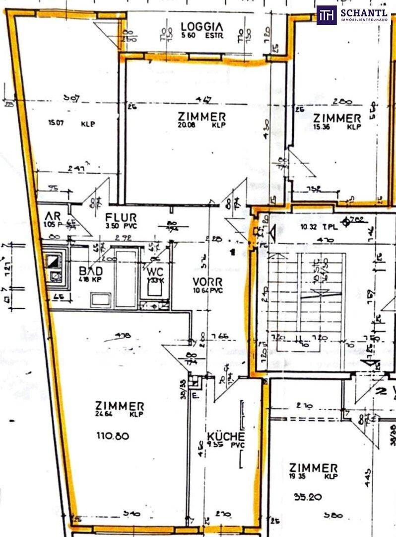 Grundriss zeigt eine Wohnung mit Loggia, mehreren Zimmern, Bad und separatem WC.