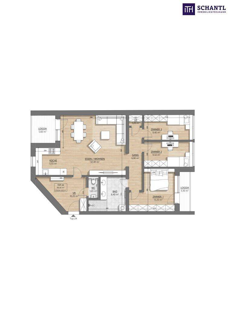Grundriss einer Wohnung mit drei Zimmern, offener Küche und Loggia.