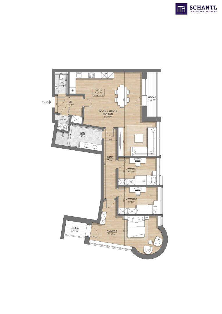 Detaillierter Grundriss einer Wohnung mit drei Zimmern, Küche und zwei Loggien.