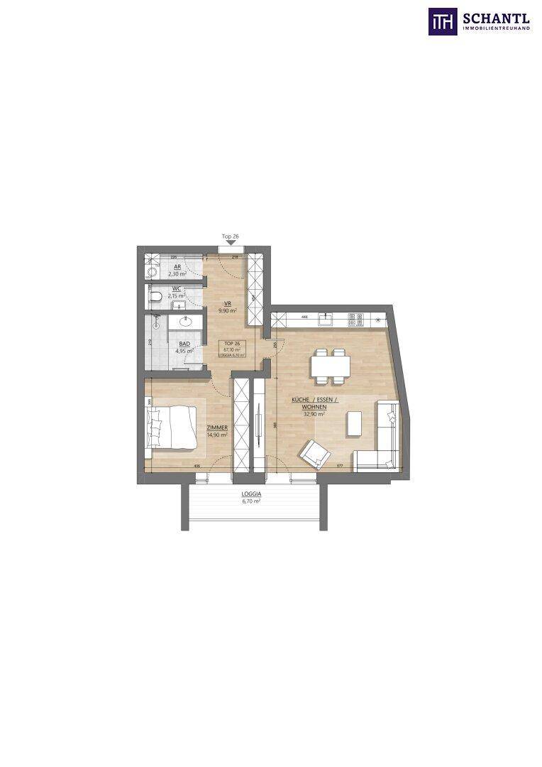 Grundriss einer kompakten Wohnung mit einem Schlafzimmer, offener Küche und Loggia.
