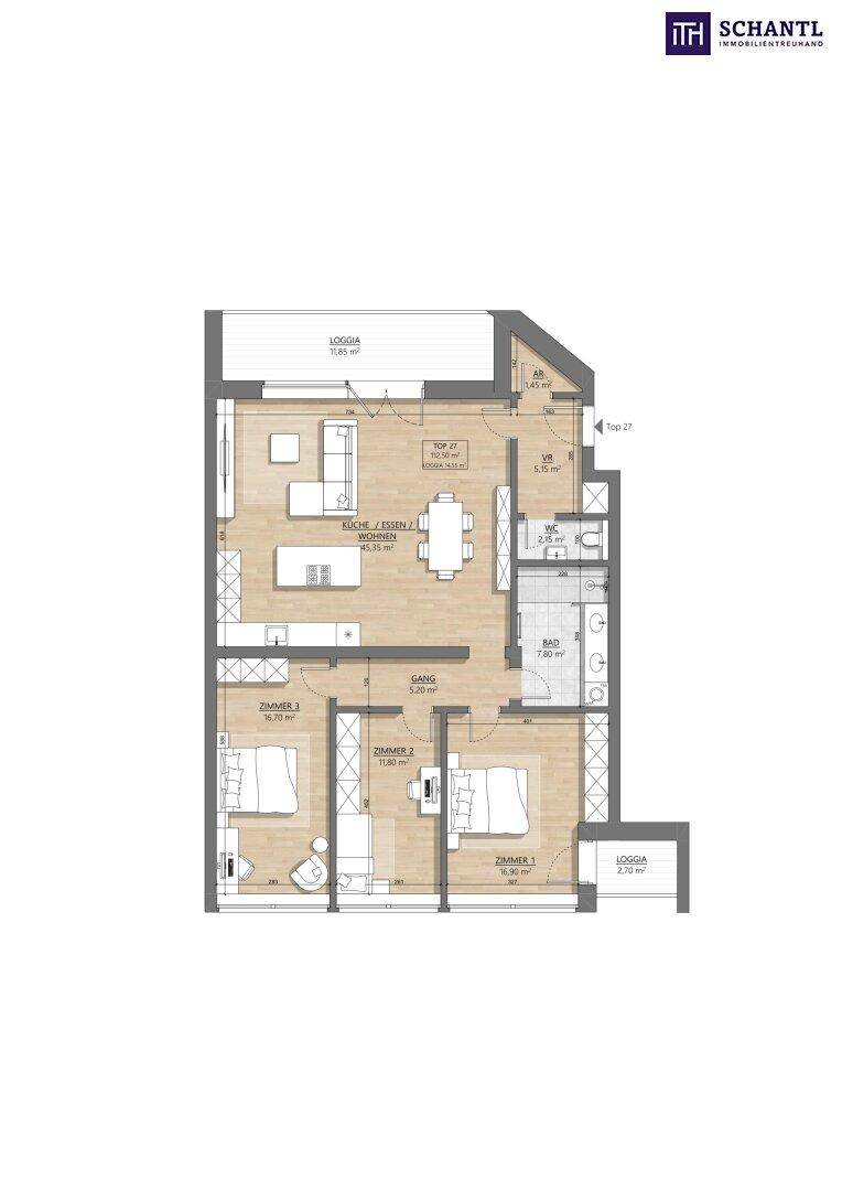 Grundriss einer Wohnung mit drei Zimmern, großem Wohnbereich und zwei Loggien.