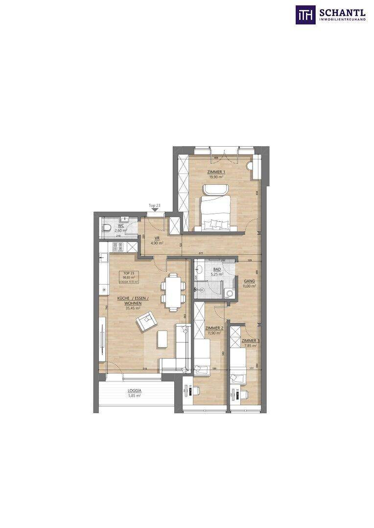 Grundriss einer Wohnung mit drei Zimmern, offener Wohnküche und Loggia.