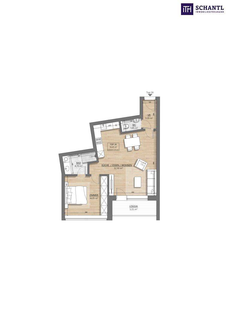 Grundriss einer Wohnung mit einem Schlafzimmer, offener Küche und Loggia.