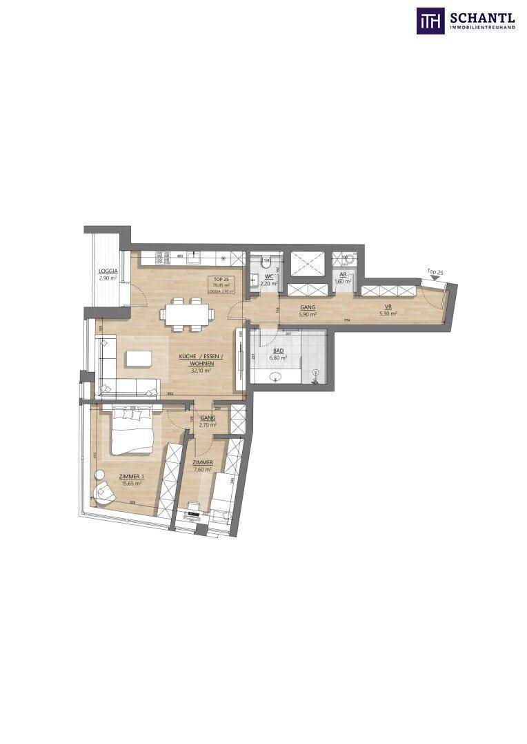 Grundriss einer Wohnung mit zwei Schlafzimmern, offener Wohnküche und Loggia.