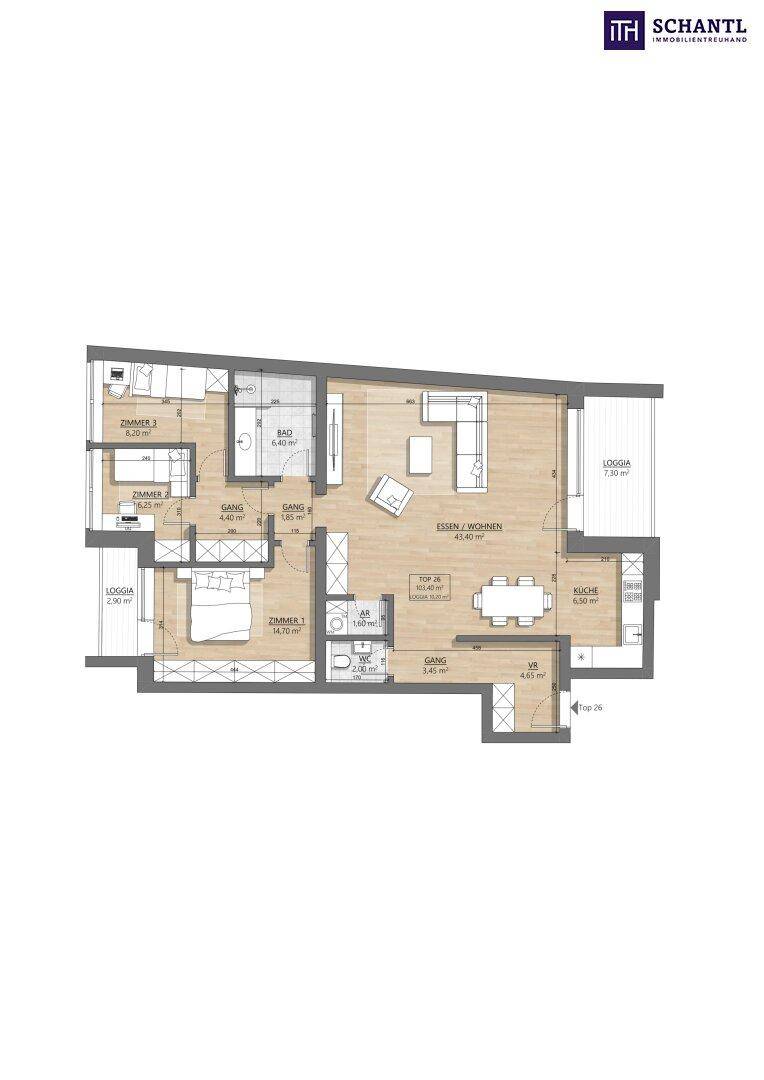 Grundriss einer Wohnung mit zwei Schlafzimmern, großem Wohnbereich und Loggia.