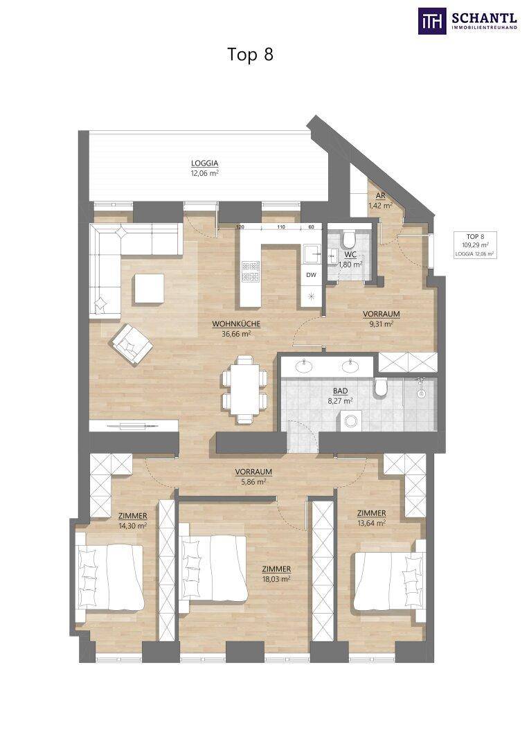 Grundriss einer Wohnung mit drei Schlafzimmern, großer Wohnküche und Loggia.