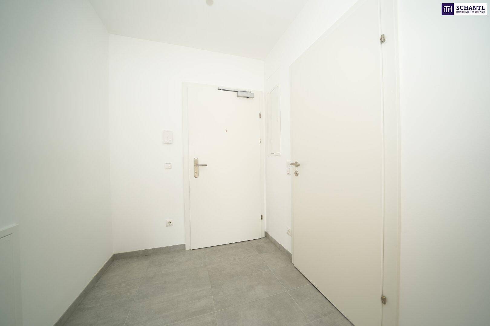 Heller Eingangsbereich mit Fliesenboden und weiß gestrichenen Wänden, führt zu weiteren Räumen.