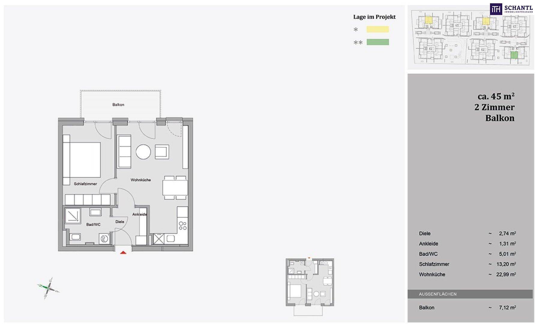 Grundriss einer 2-Zimmer-Wohnung mit ca. 45 m² und Balkon, inklusive Raumaufteilung.