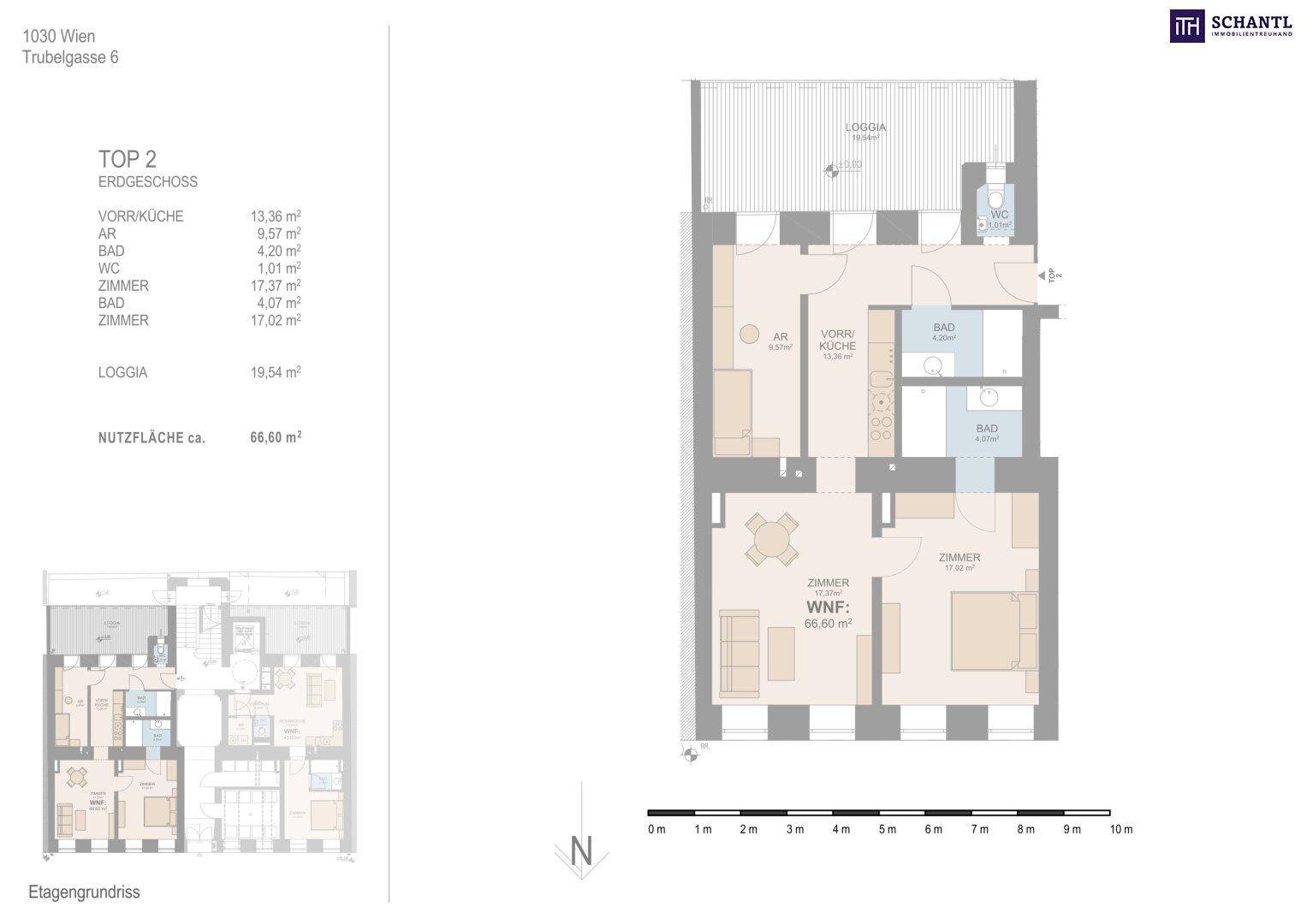 Grundriss der Erdgeschosswohnung mit Loggia, zwei Bädern und offenem Wohnbereich.
