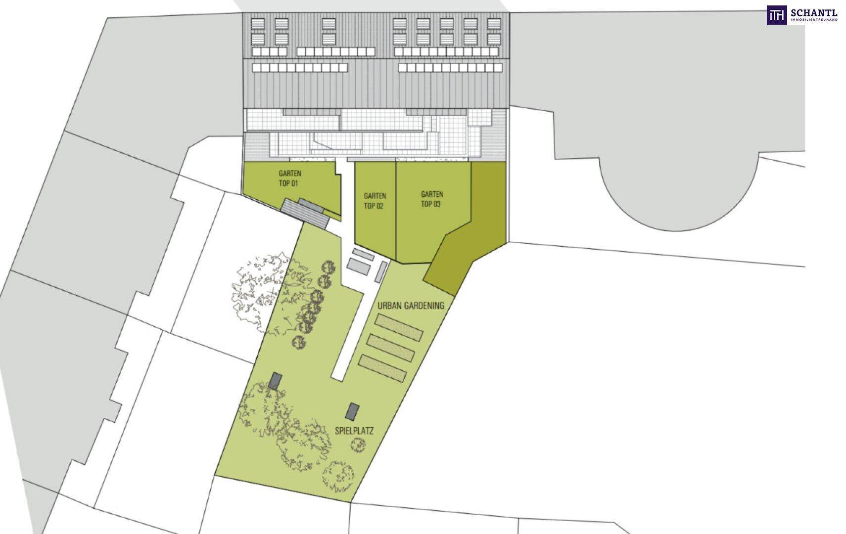 Grundrissplan der Außenanlagen mit privaten Gärten, Urban Gardening Flächen und einem Spielplatz.