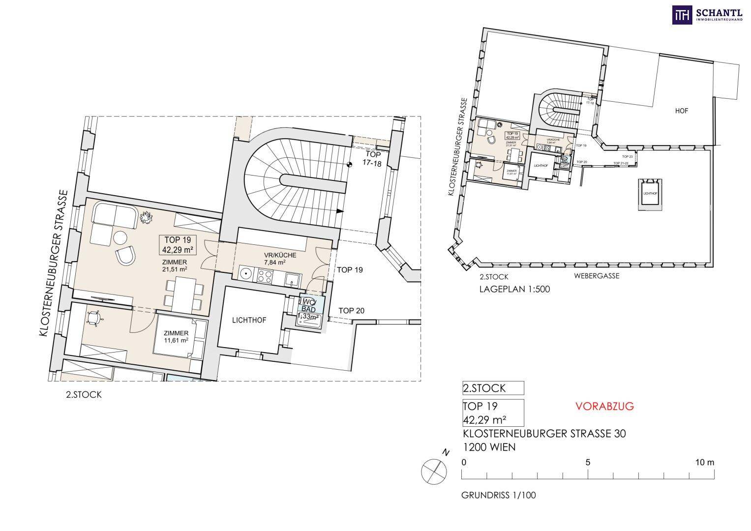 Detaillierter Grundriss einer Wohnung im zweiten Stock mit 42,29 m² Wohnfläche.