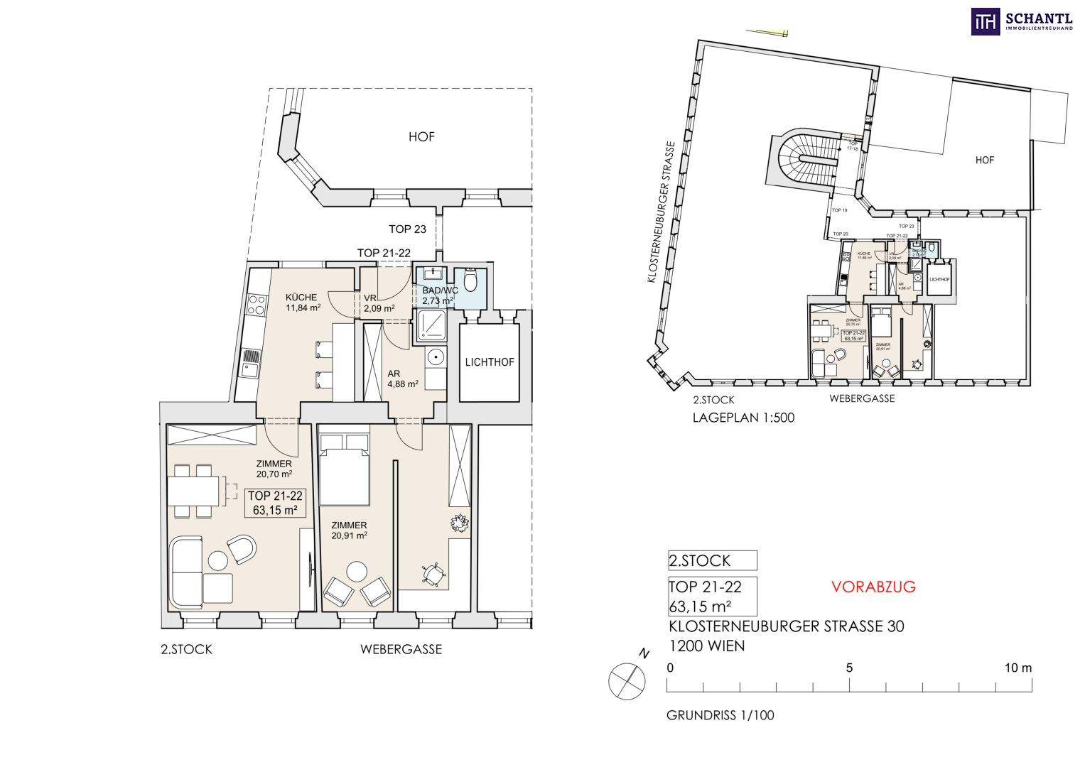 Grundriss der Wohnung Top 21-22 mit 63,15 m² im 2. Stock, inklusive Hofblick.