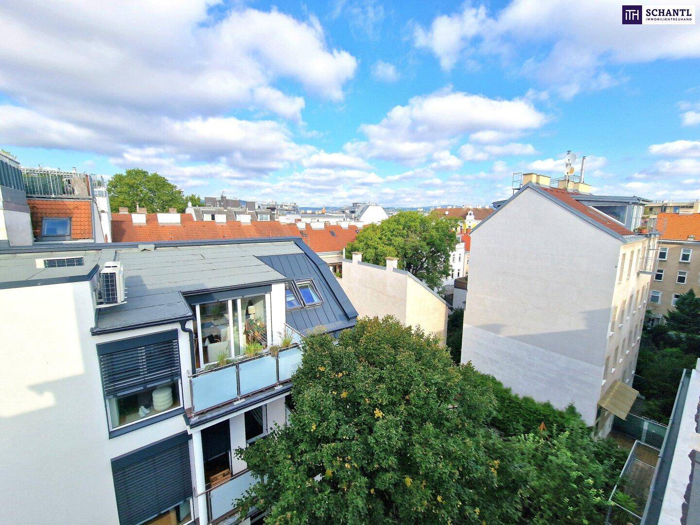 Panoramablick über die Dächer der Stadt mit grünen Bäumen und umliegenden Wohngebäuden unter blauem Himmel.