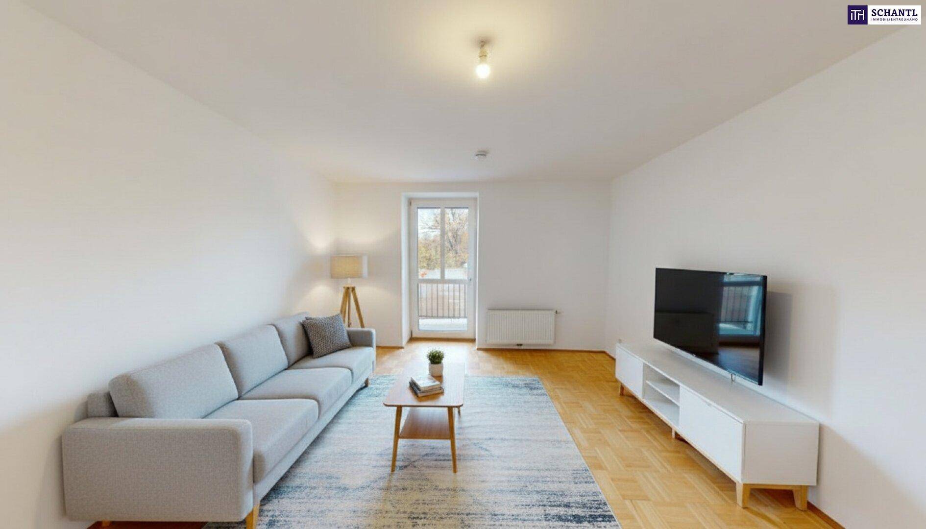 Virtuell möbliertes Wohnzimmer mit Parkettboden, modernem Sofa und Zugang zum französischen Balkon.