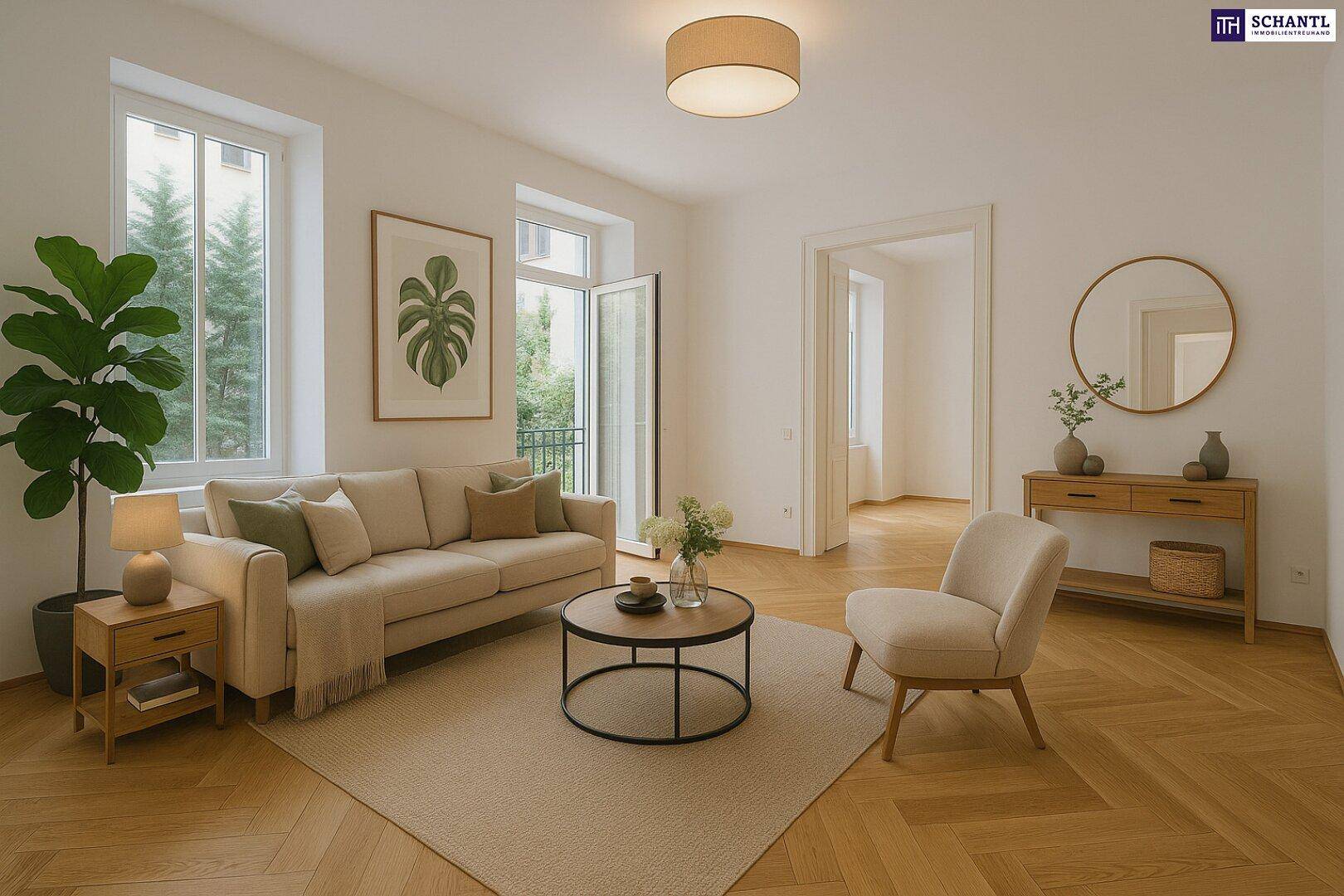 Helles Wohnzimmer mit modernem Mobiliar, Fischgrätparkett und Zugang zu einem französischen Balkon.