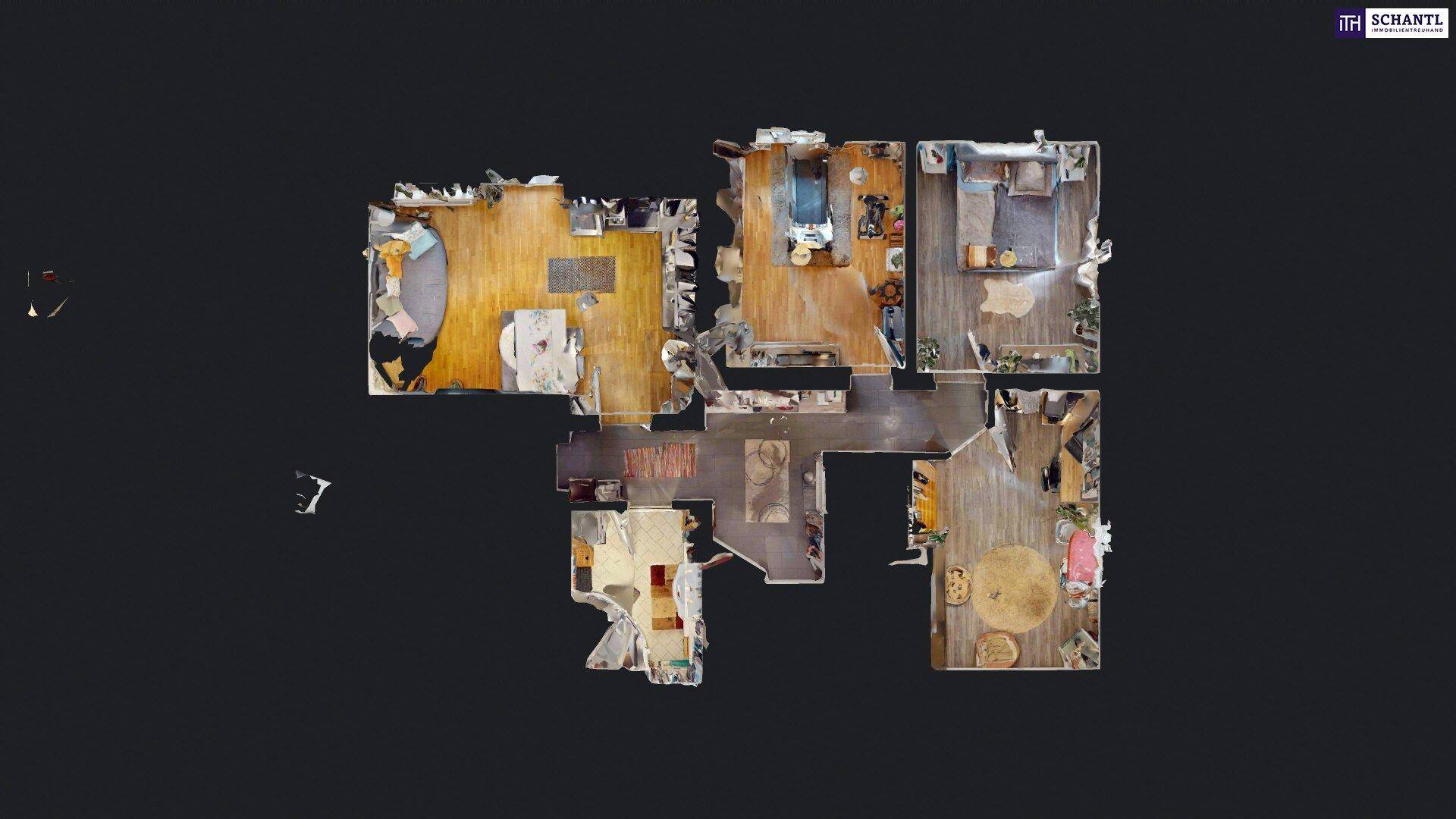 Draufsicht des 3D-Modells zeigt die Raumaufteilung der Wohnung.