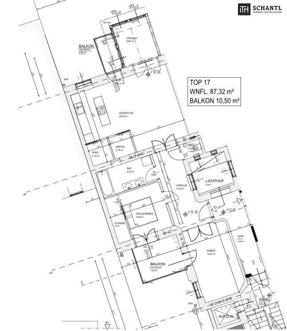 Detaillierter Grundriss der Wohnung Top 17 mit 87,32 m² Wohnfläche und Balkon.