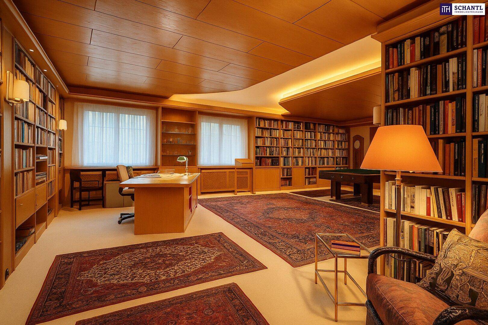 Großzügiges Arbeitszimmer mit Schreibtisch, umfangreichen Bücherregalen und Billardtisch.