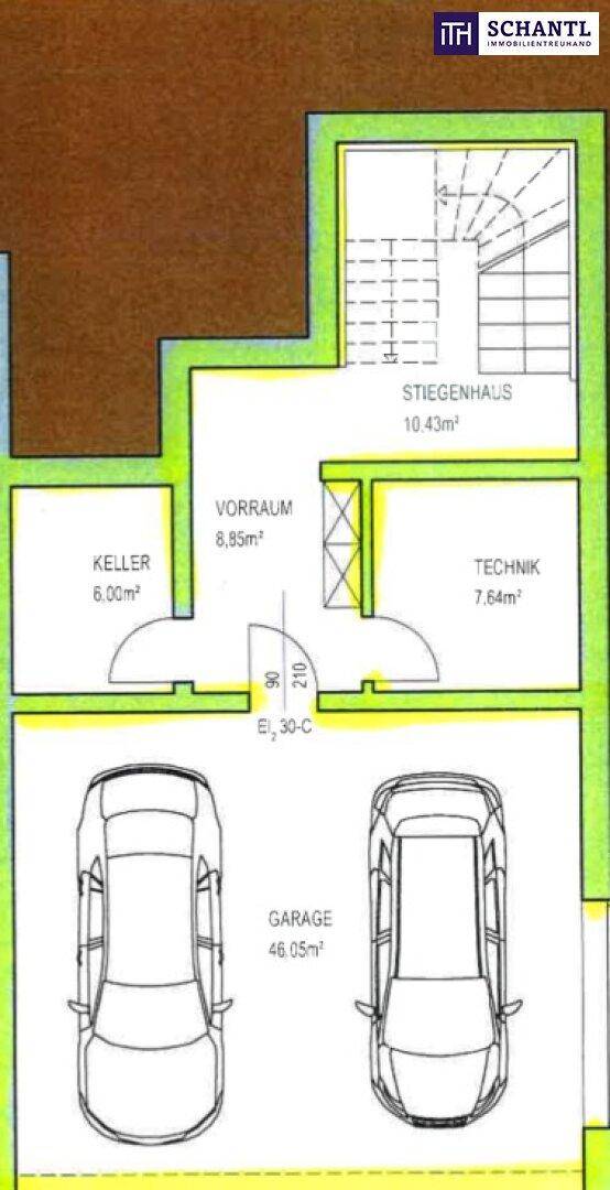Grundriss des Untergeschosses mit Doppelgarage, Keller, Vorraum und Technikraum.