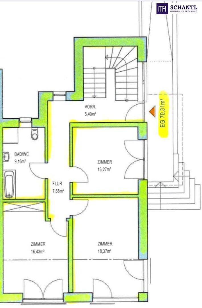 Grundriss des Erdgeschosses mit mehreren Zimmern, Bad/WC und Treppenhaus.