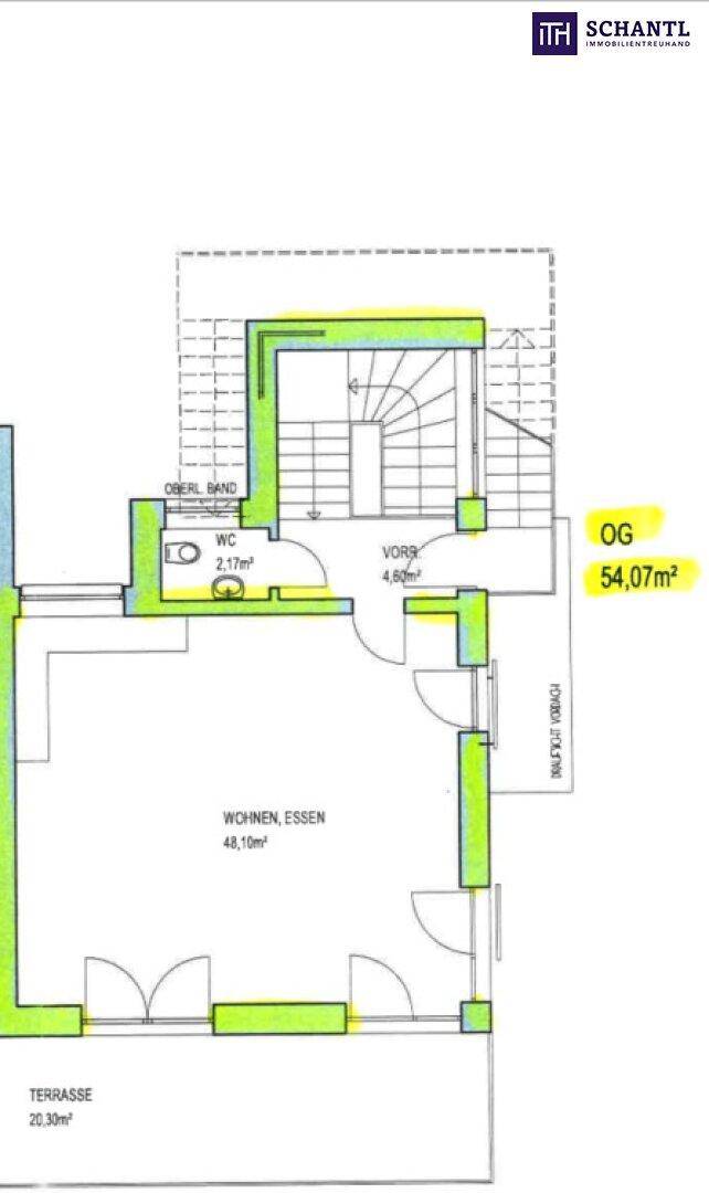 Grundriss des Obergeschosses mit offenem Wohn-Essbereich, WC und Terrasse.