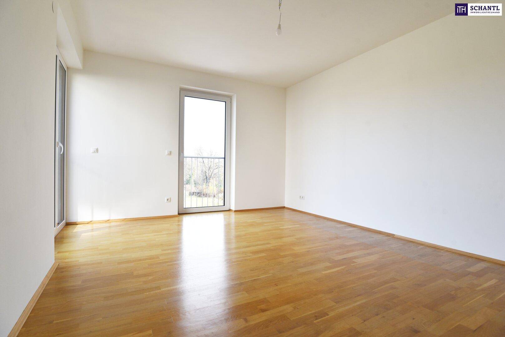 Geräumiges, leeres Zimmer mit Parkettboden und großem Fenster mit französischem Balkon.