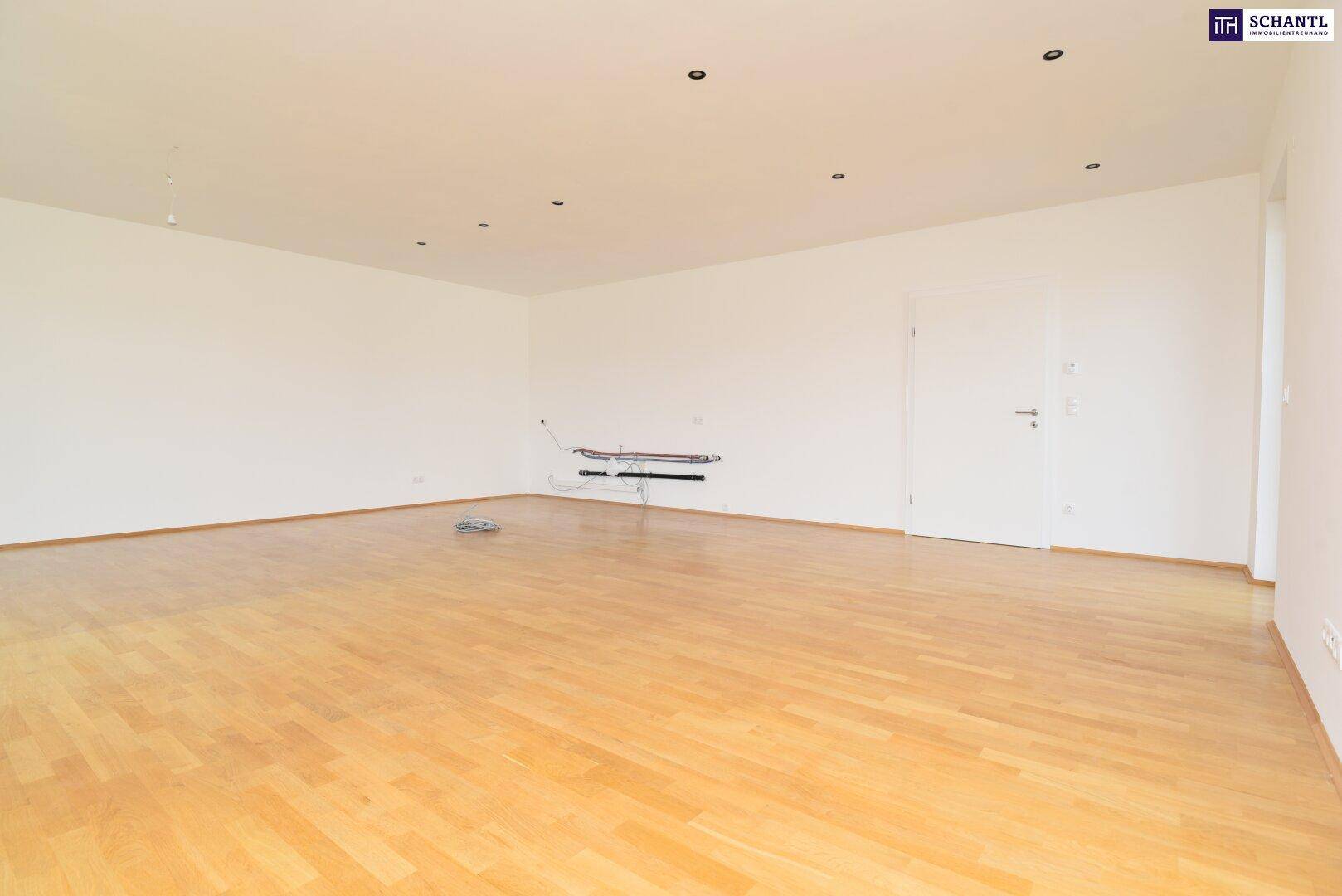 Geräumiges, unmöbliertes Wohnzimmer mit hellem Parkettboden und weiß gestrichenen Wänden.